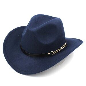 Navy Blue Western Cowboy Hat Wide Brim Fedora Style with Chain Band, Men & Women